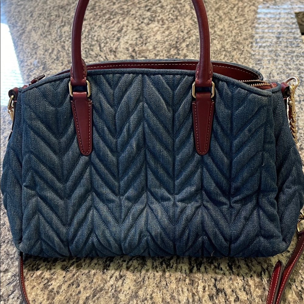 Coach Quilted Navy Denim Satchel with Burgundy Leather Trim - Picture 14 of 15